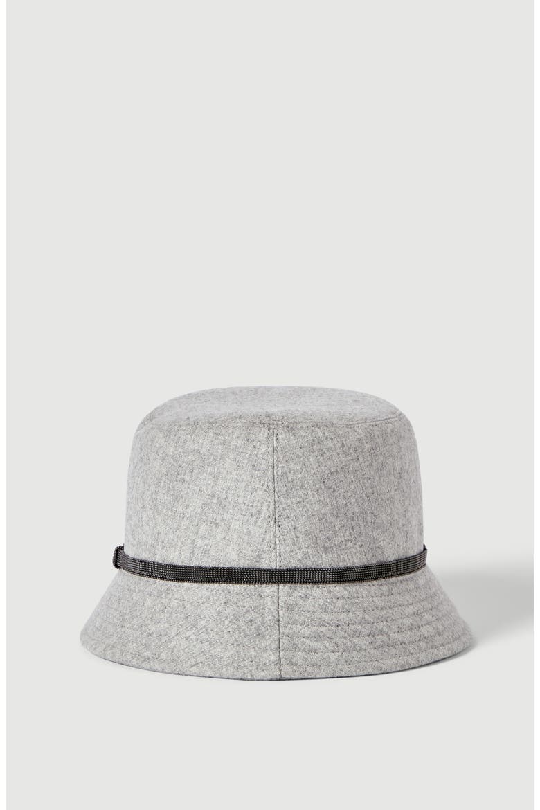 Virgin wool and cashmere flannel bucket hat with shiny band, Alternate, color, Light Grey