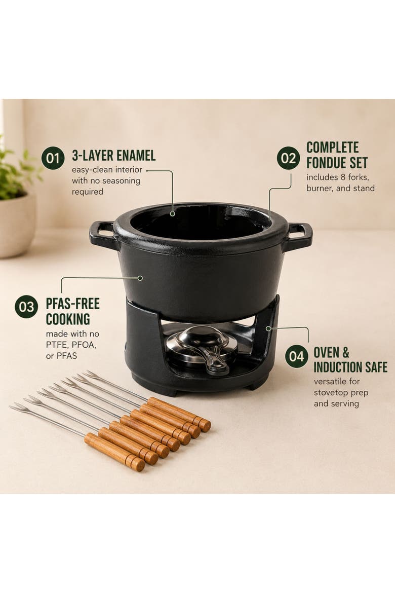 Nori Enameled Cast Iron Fondue Set, 8-Piece, 2-Qt., Alternate, color, Black