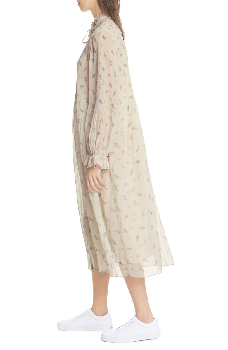 Ganni Floral Print Pleated Georgette Long Sleeve Midi Dress, Alternate, color, 