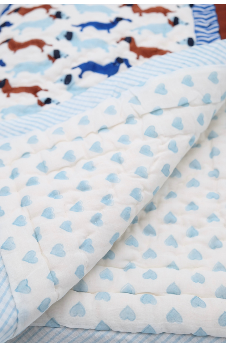 Inner Child Dachshunds & Hearts Reversible Block Print Baby Quilt, Alternate, color, Blue