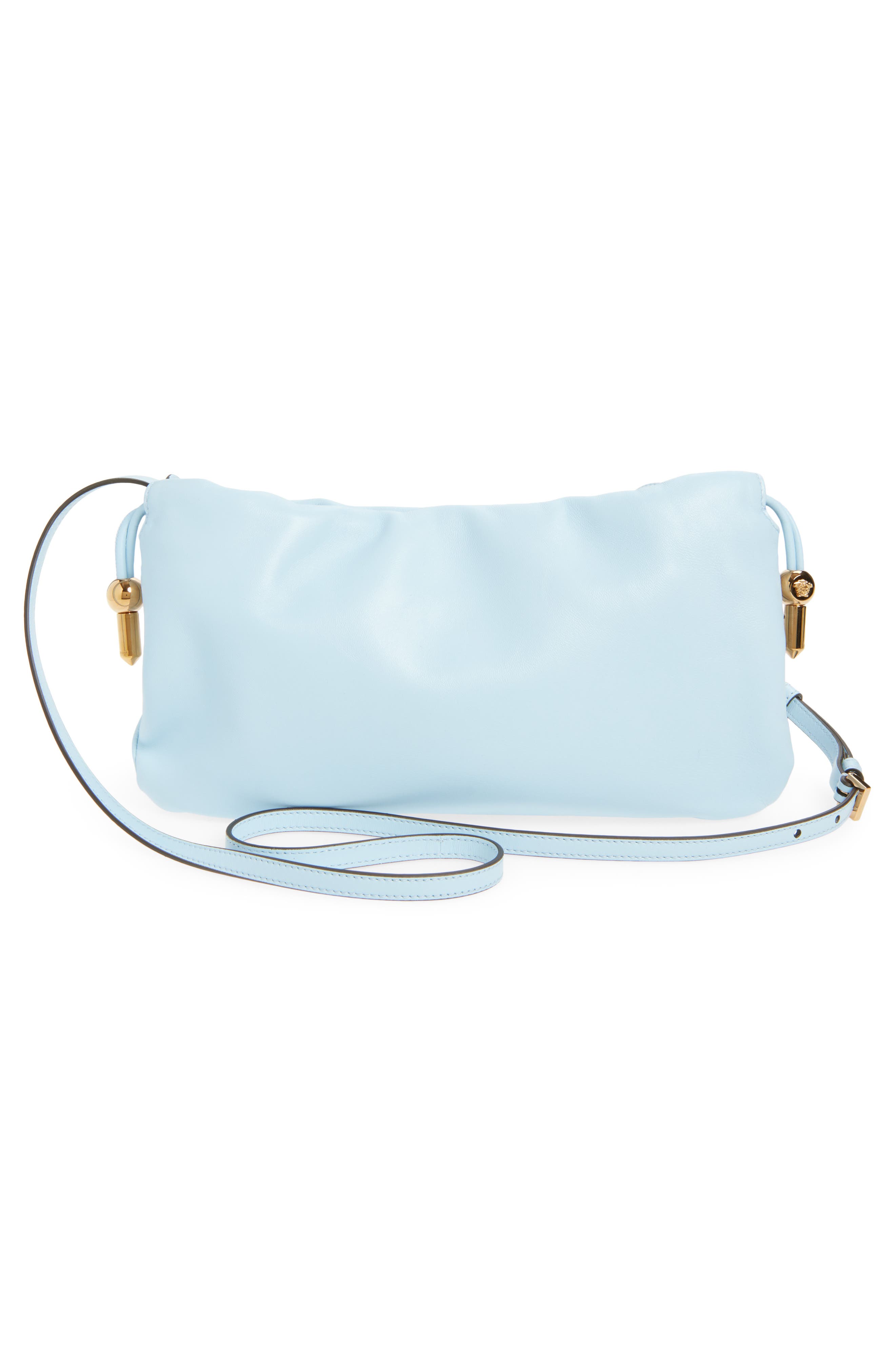 Versace Mini Logo Leather Handbag, Alternate, color, Pastel Blue Gold