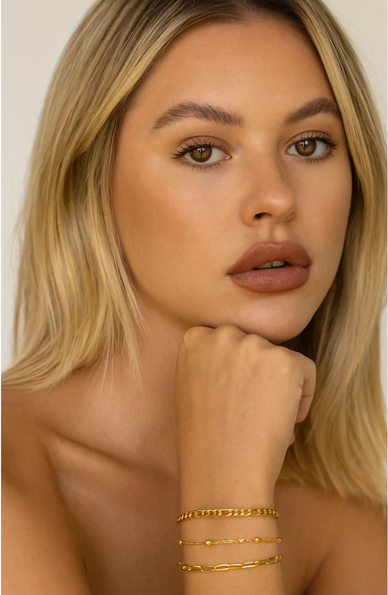 Hollywood Sensation Adriana 3-Piece Stackable Bracelet Trio Set, Beaded, Figaro, Paperclip Link, Alternate, color, Gold