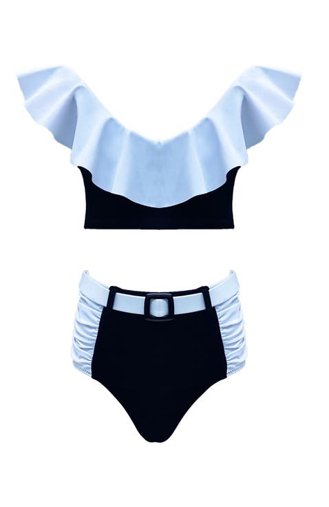 Side-Ruched High Waist Retro Belted Two Piece Bikini, Toddler, Little Kid & Big Kid