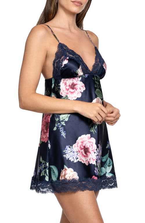 In Bloom By Jonquil Sicily Floral Lace Trim Strechy Satin Chemise In Blue