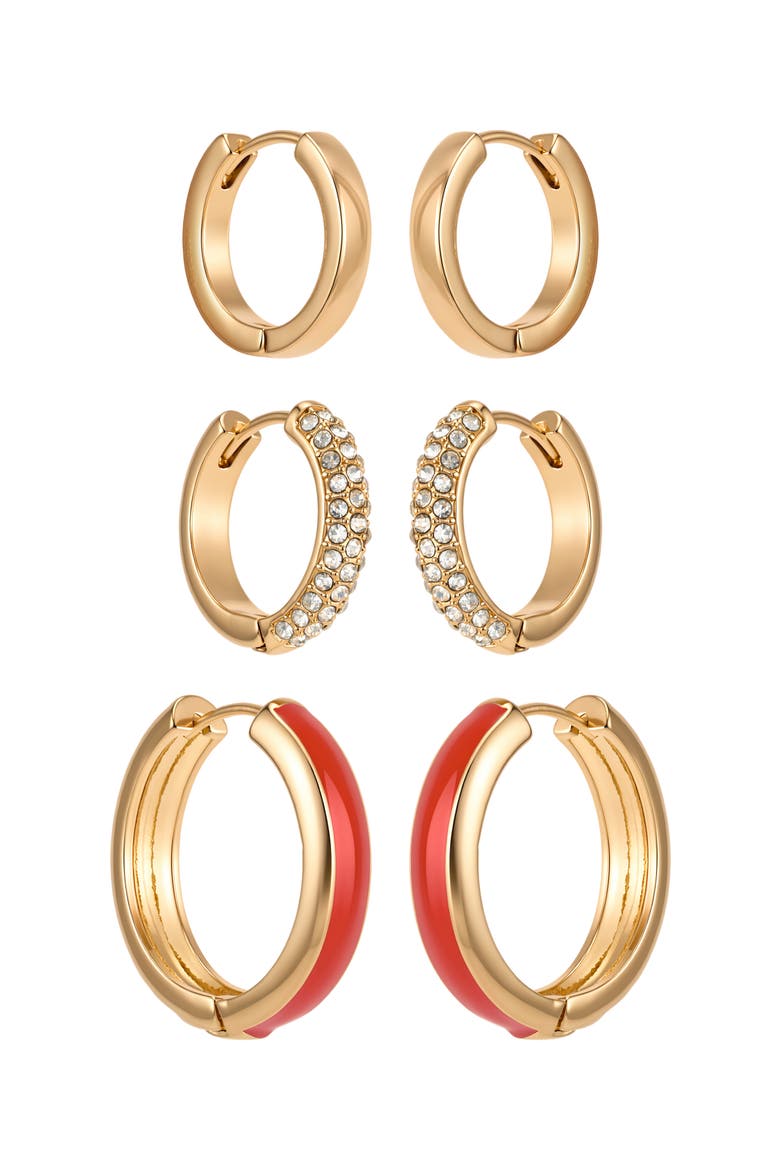 Gold-Tone Crystal Hoop Earring Set of Three, Alternate, color, Gold
