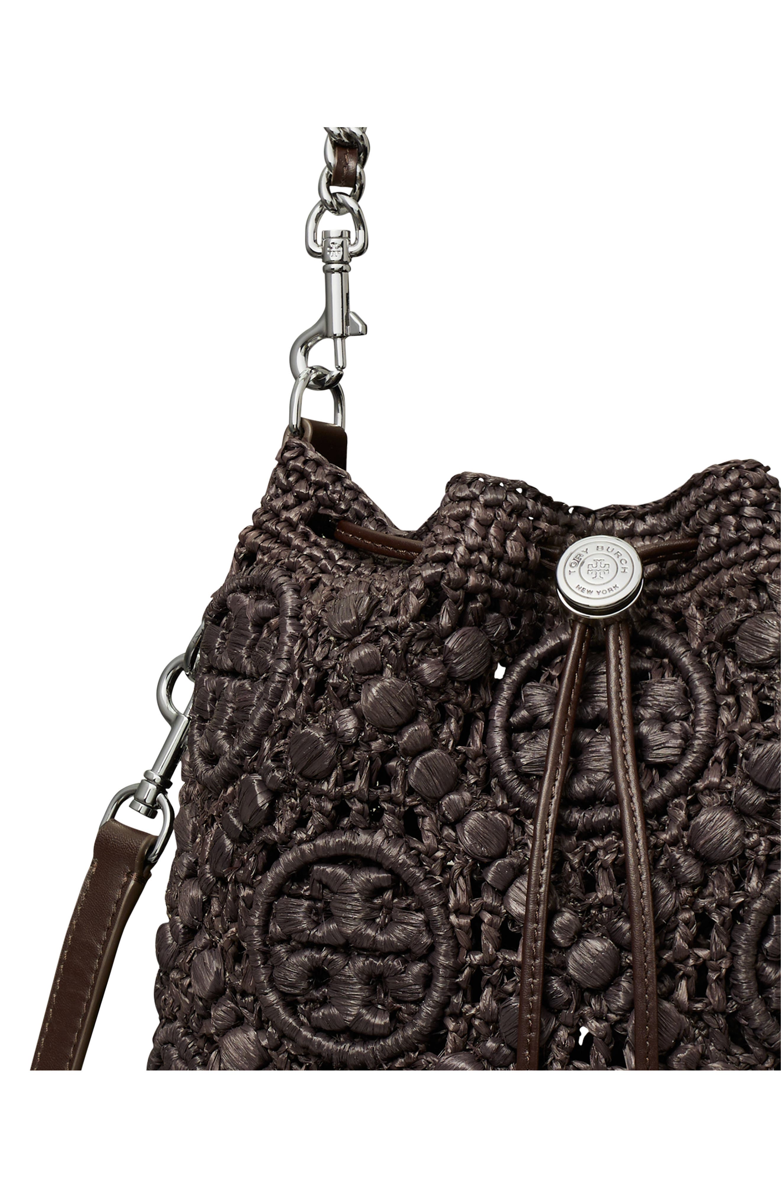 Tory Burch T Monogram Raffia Bucket Bag, Alternate, color, Cocoa