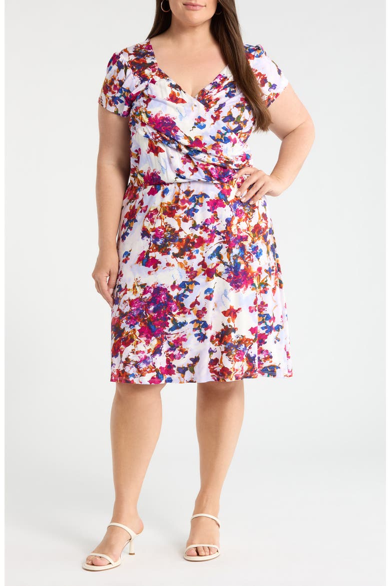 Print Faux Wrap Dress, Main, color, FUCHSIA/ VIOLET
