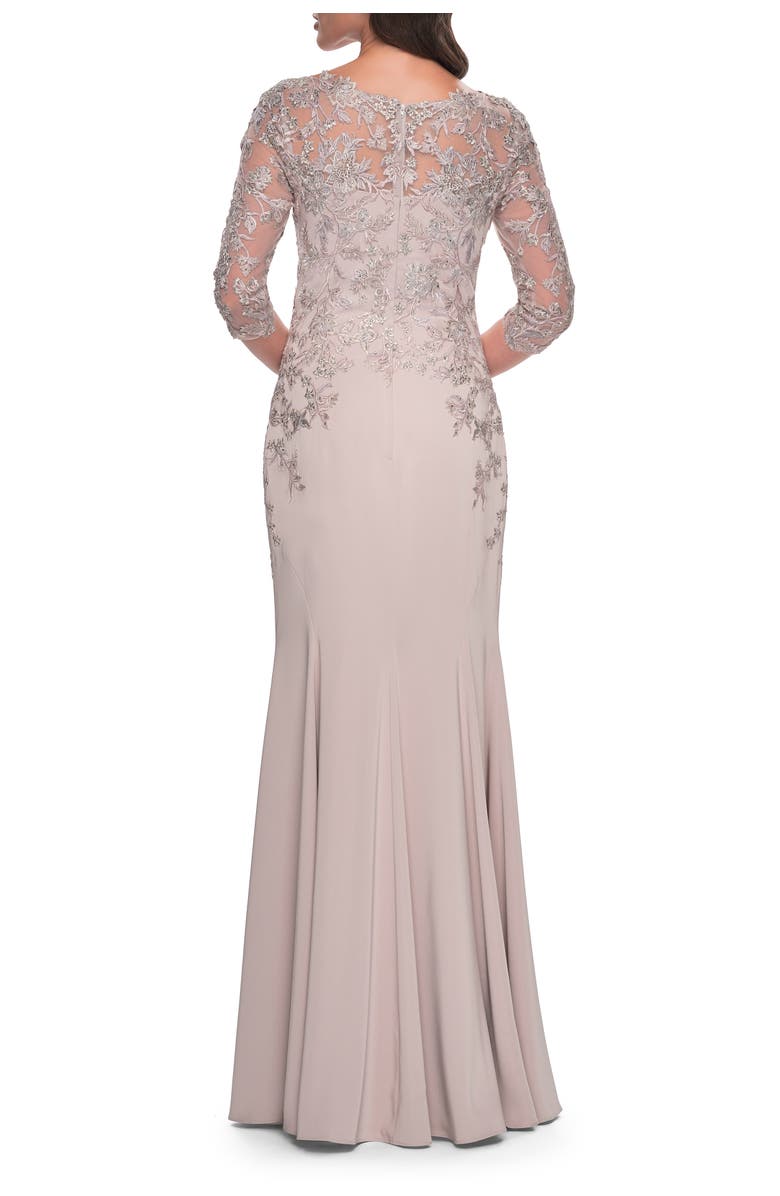 La Femme Fitted Long Satin Dress with Lace Bodice and Sleeves, Alternate, color, Champagne