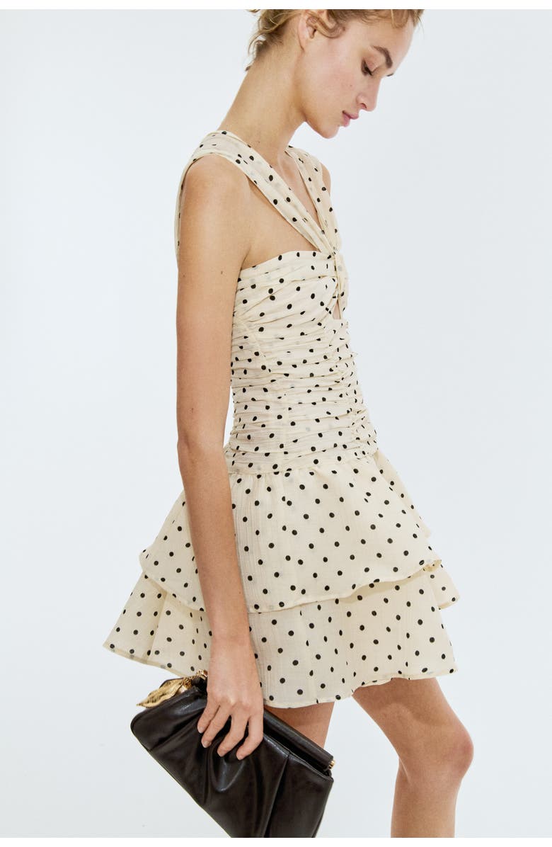 H&M Flared-skirt Ruched Dress, Alternate, color, Light Beige/Dotted