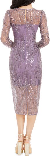 Sophia Bead & Sequin Long Sleeve Cocktail Midi Dress