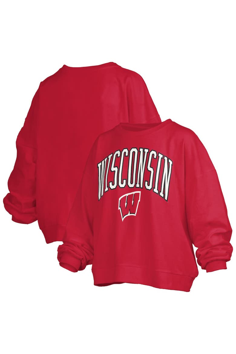 Women's Pressbox Red Wisconsin Badgers Janise Arch Over Logo Waist Length Oversized Pullover Sweatshirt, Main, color, Red