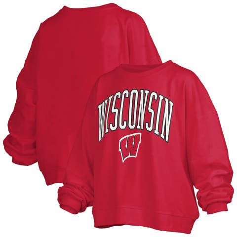 Women's Pressbox Red Wisconsin Badgers Janise Arch Over Logo Waist Length Oversized Pullover Sweatshirt