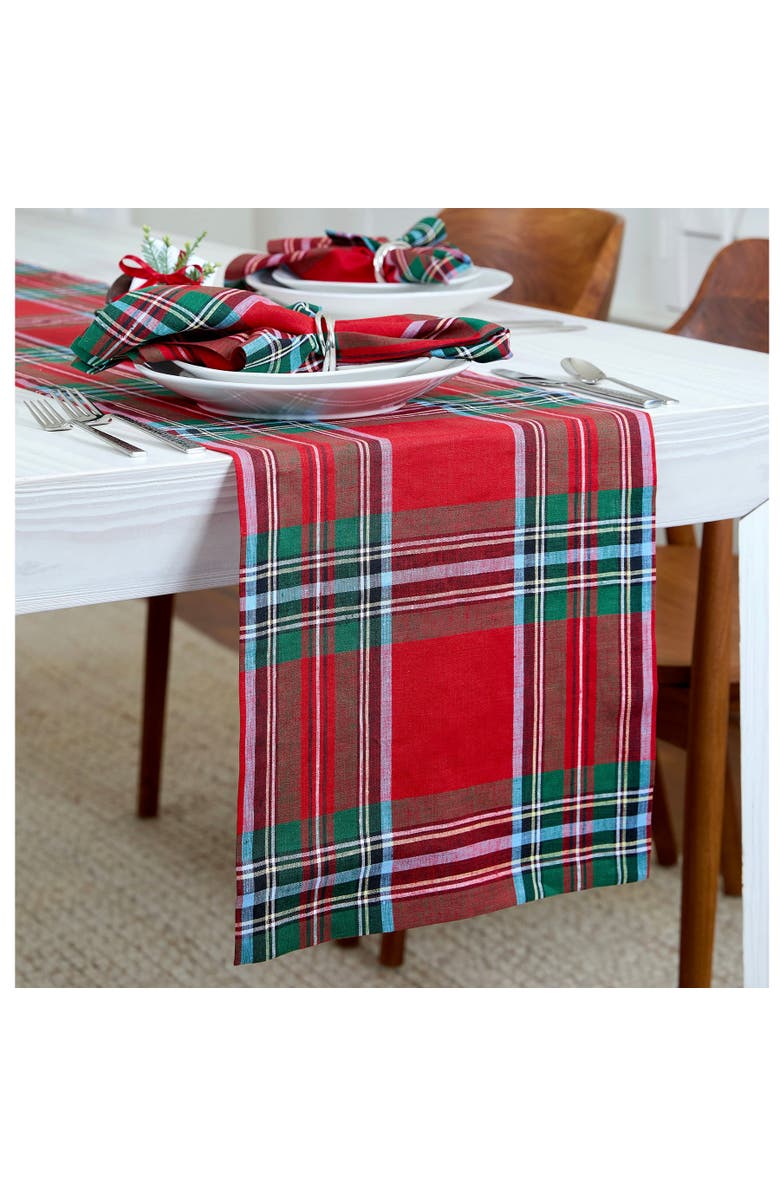 Solino Home Linen Table Runner for Dining Table, Holiday and Everyday Table Decor - Madras Holiday Plaid, Alternate, color, Red