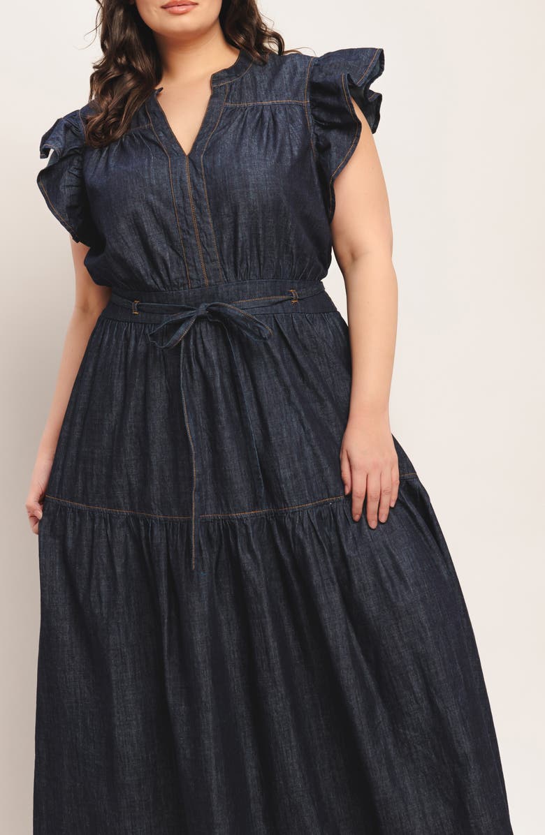 FLYING TOMATO Cap Sleeve Denim Maxi Dress, Alternate, color, Dark Indigo