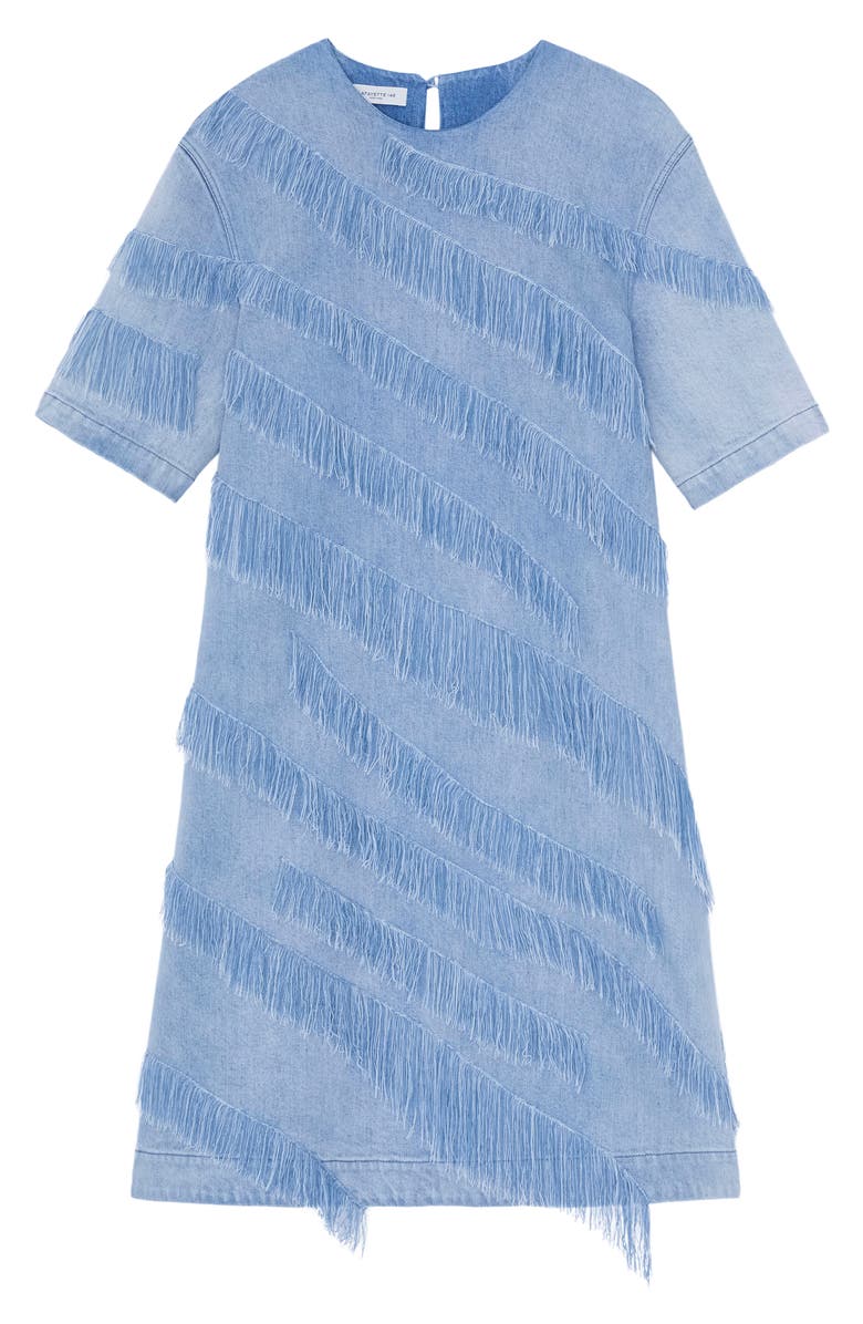 Lafayette 148 New York Asymmetric Fringe Trim Denim Shift Dress, Alternate, color, Stonewash Blue