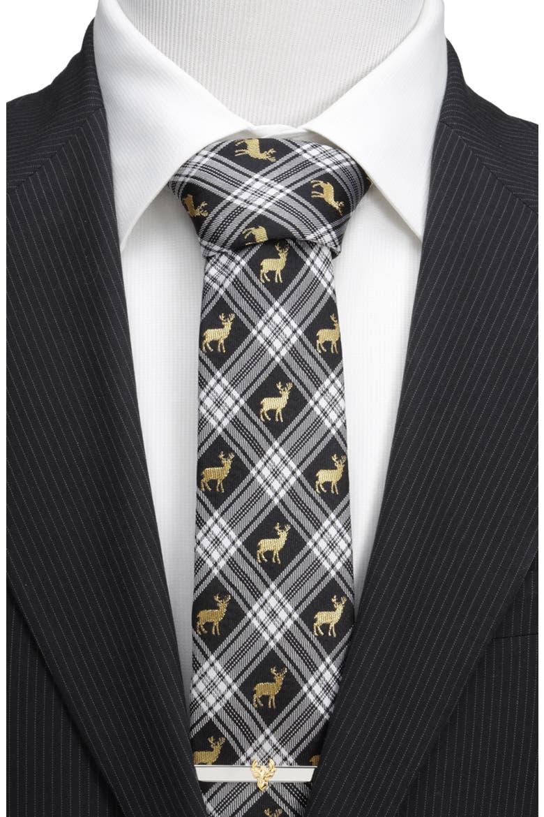 Stag Black Plaid Silk Tie, Alternate, color, BLACK