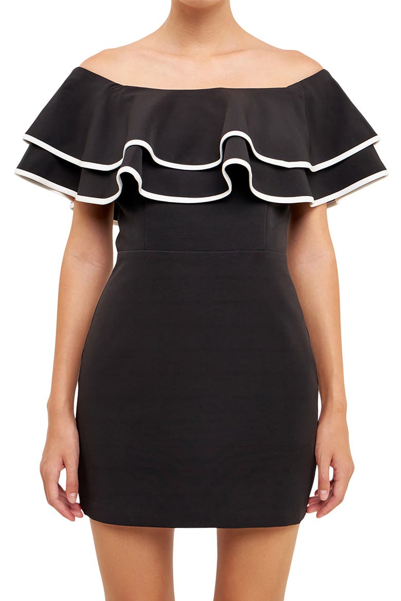 Off the Shoulder Ruffle Minidress, Alternate, color, BLACK/ WHITE