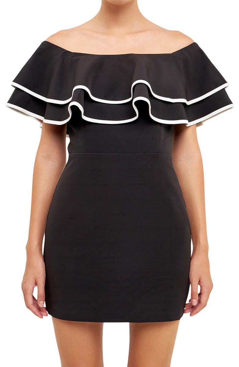 Endless Rose Off the Shoulder Ruffle Minidress, Alternate, color, Black/ White