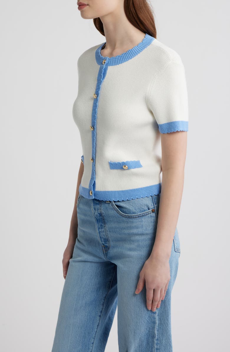 French Connection Bennet Short Sleeve Rib Cardigan, Alternate, color, Summer White-Blue Hy