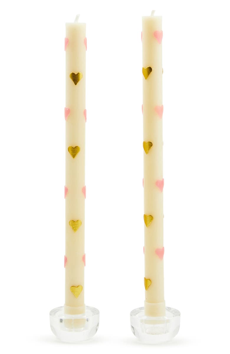 MACKENZIE CHILDS Set of 2 Pink & Gold Hearts Taper Dinner Candles, Main, color, Pink