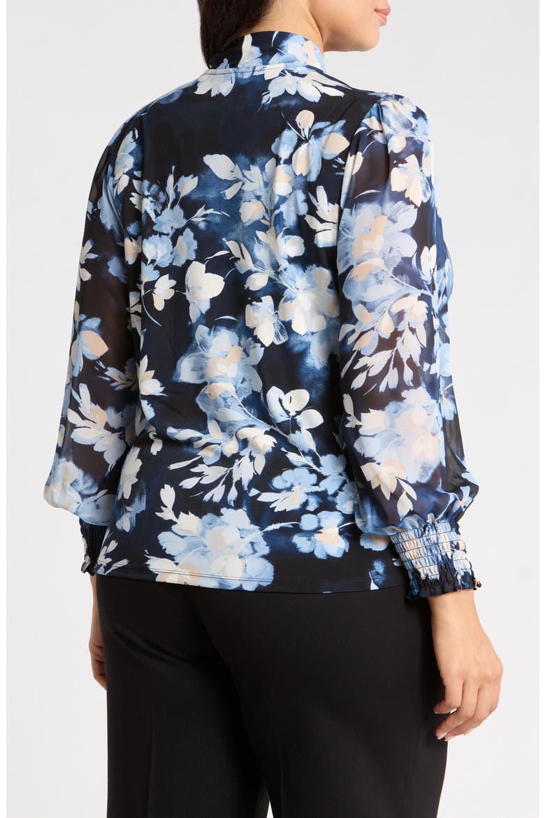 Floral Mixed Media Faux Wrap Blouse, Alternate, color, DUTCH BLUE MULTI