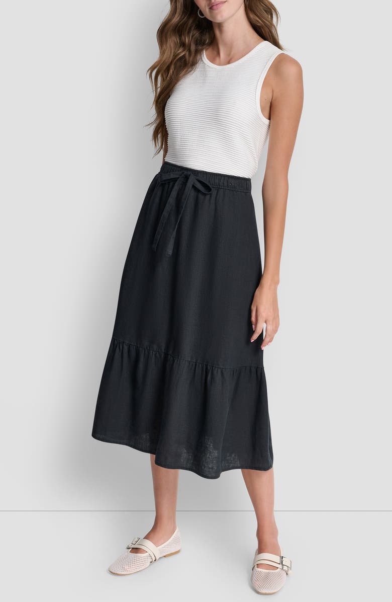 DKNY Drawstring Waist Linen Midi Skirt, Alternate, color, Black