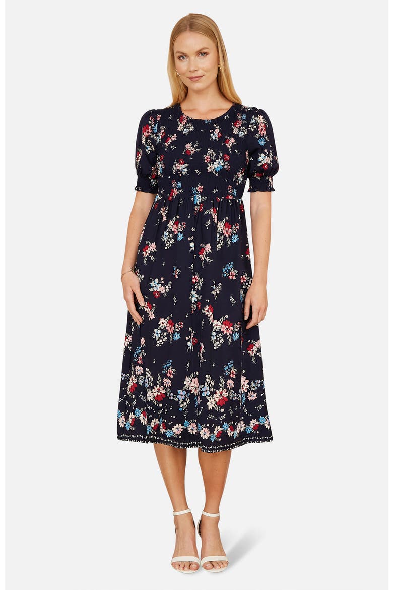 Smocked Bodice Floral Ruched Midi Dress, Main, color, Navy