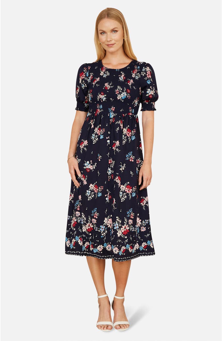 Yumi Smocked Bodice Floral Ruched Midi Dress, Main, color, Navy