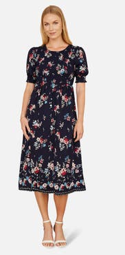 Yumi Smocked Bodice Floral Ruched Midi Dress