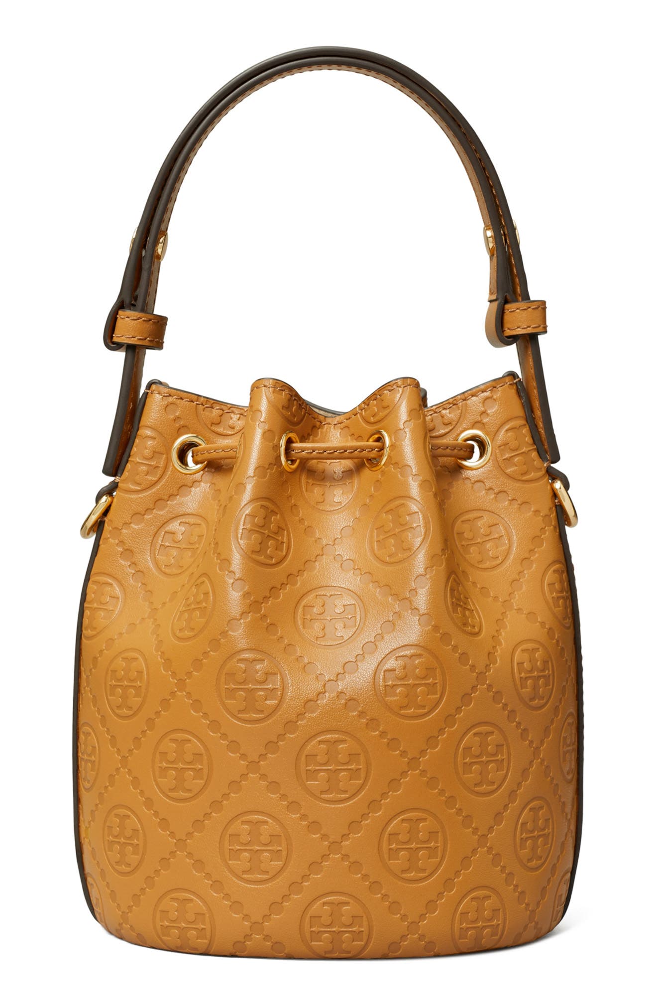 Tory Burch Mini T Monogram Debossed Bucket Bag, Alternate, color, Tan