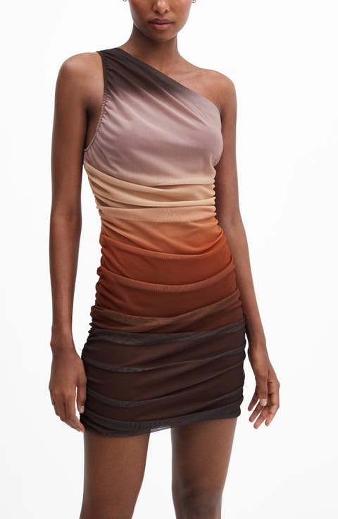 Gradient One-Shoulder Ruched Body-Con Dress
