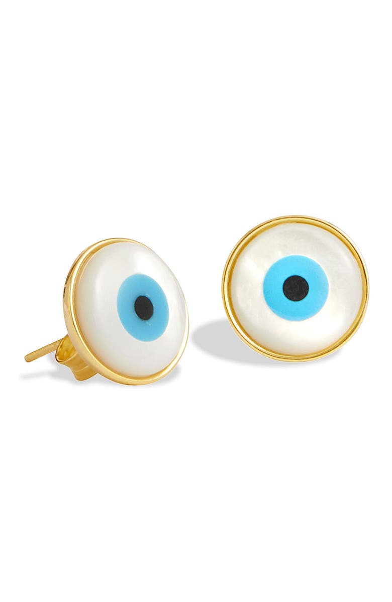 SAVVY CIE JEWELS 18K Gold Vermeil Mother-of-Pearl Evil Eye Stud Earrings, Main, color, 
