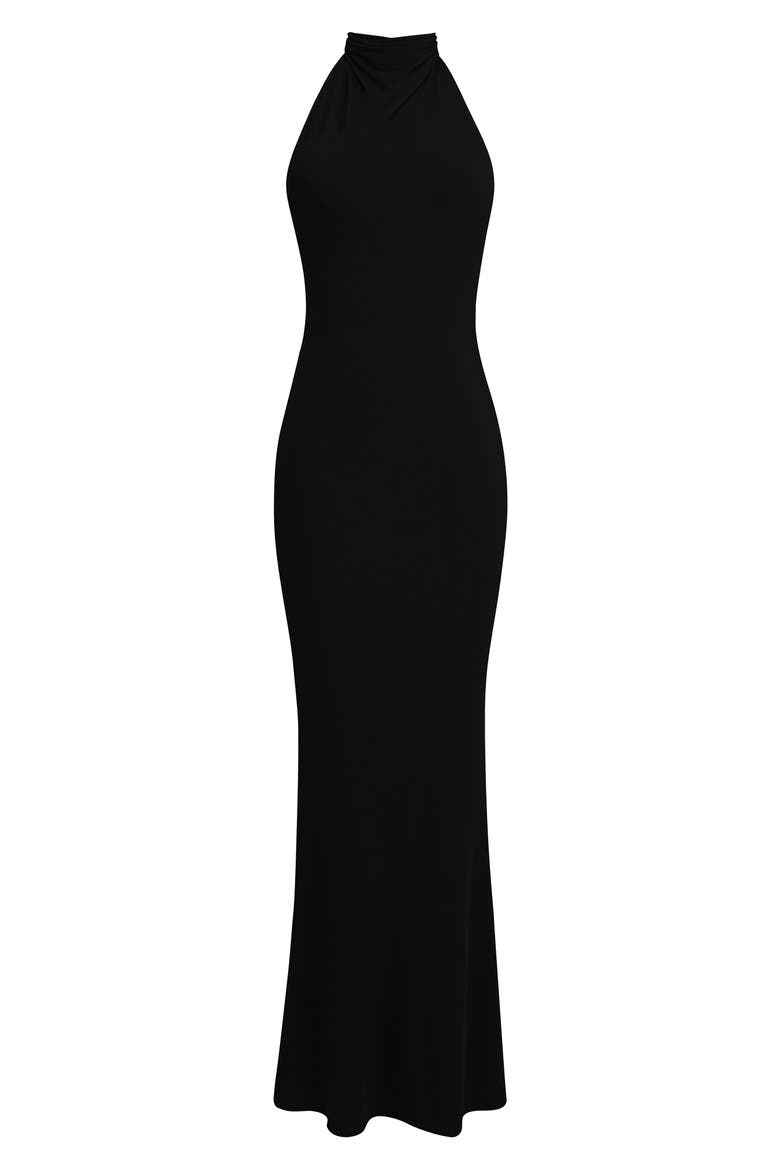 Sadira Draped Jersey Halter Mermaid Gown, Alternate, color, BLACK