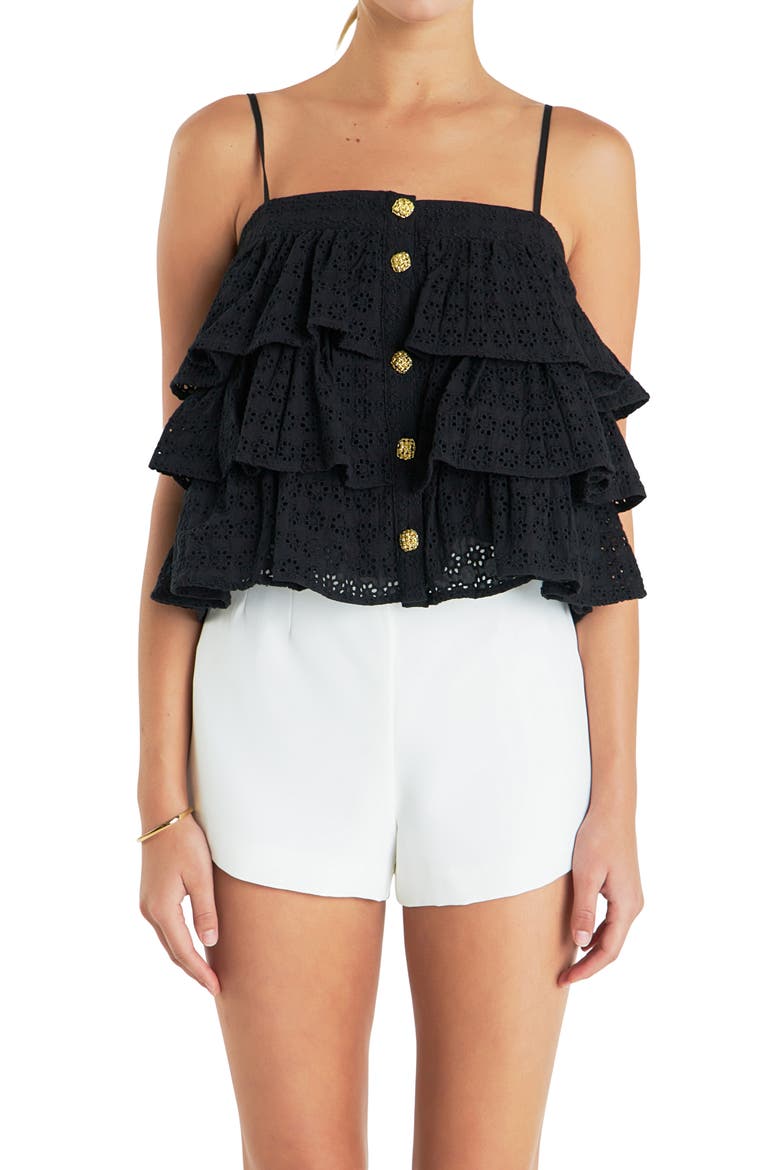Tiered Broderie Lace Button Front Camisole, Alternate, color, BLACK