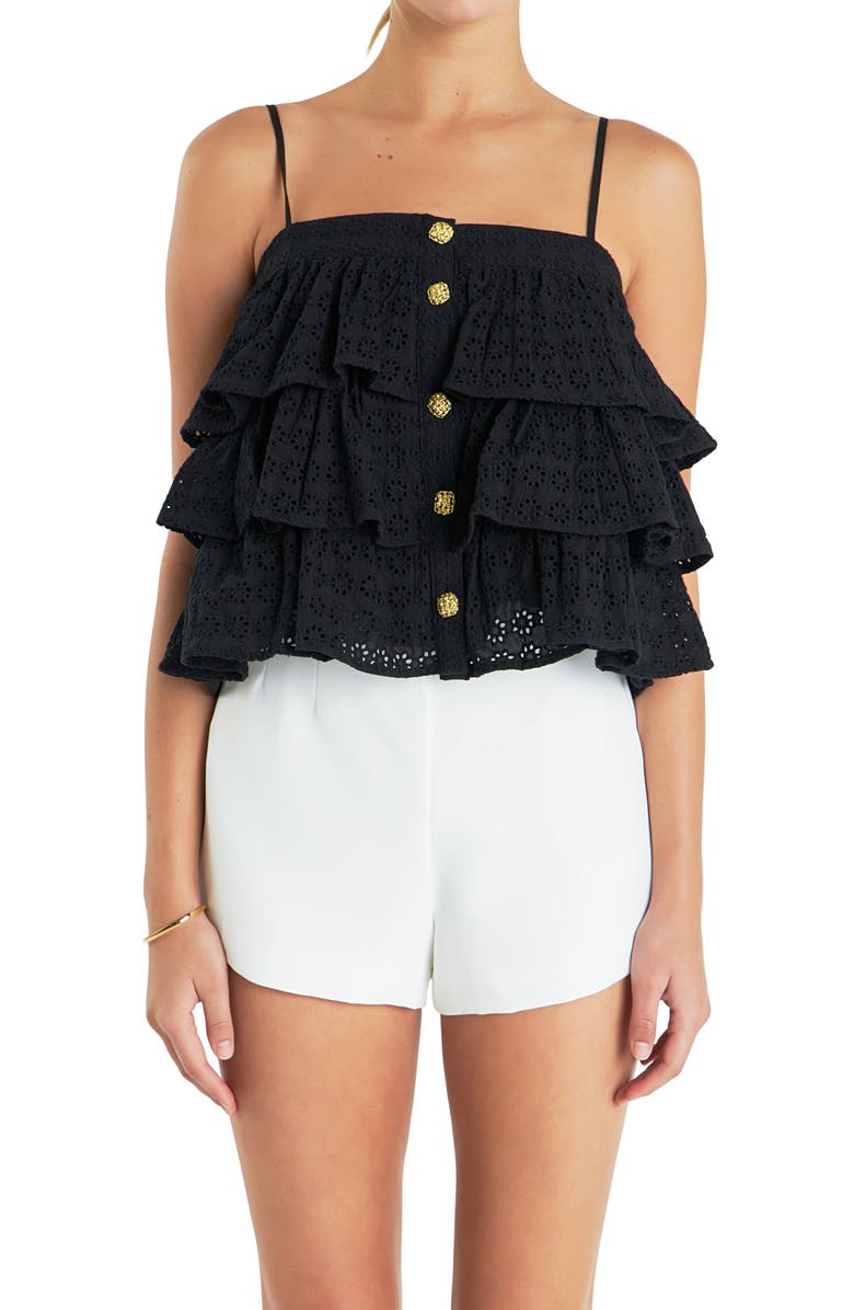 English Factory Tiered Broderie Lace Button Front Camisole, Alternate, color, Black