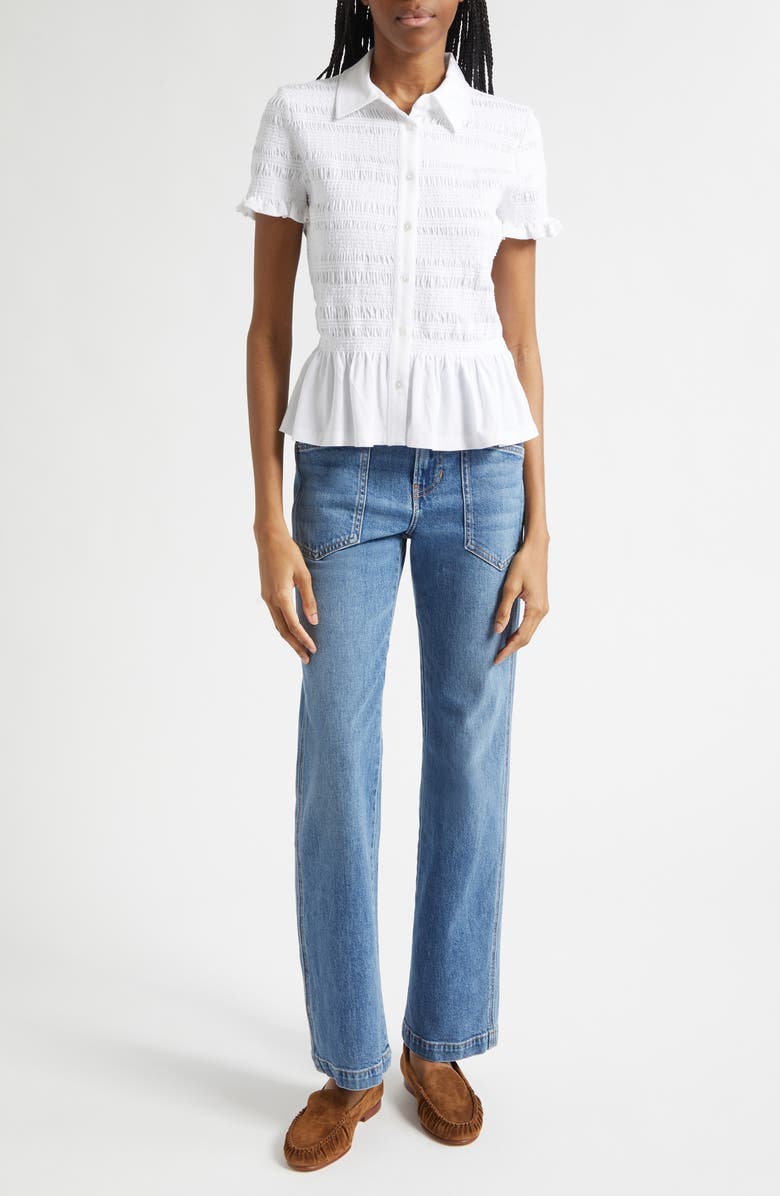 Veronica Beard Ellisandra Shirred Peplum Top, Alternate, color, White