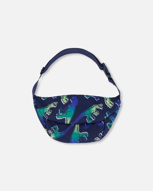 Deux Par Deux Boy's Printed Fanny Pack Blue And Green Dino On Navy In Blue And Green Dino On Navy