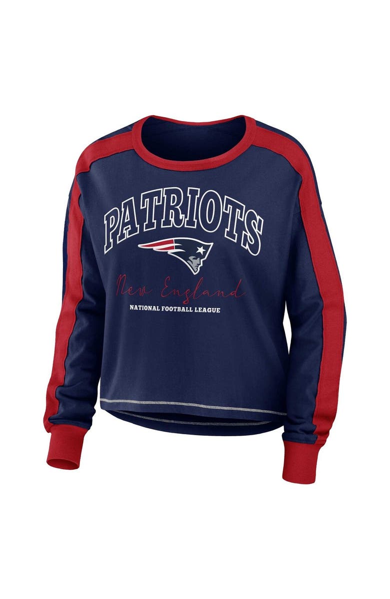 WEAR by Erin Andrews Women's WEAR by Erin Andrews Navy/Red New England Patriots Color Block Modest Crop Long Sleeve T-Shirt, Alternate, color, Navy