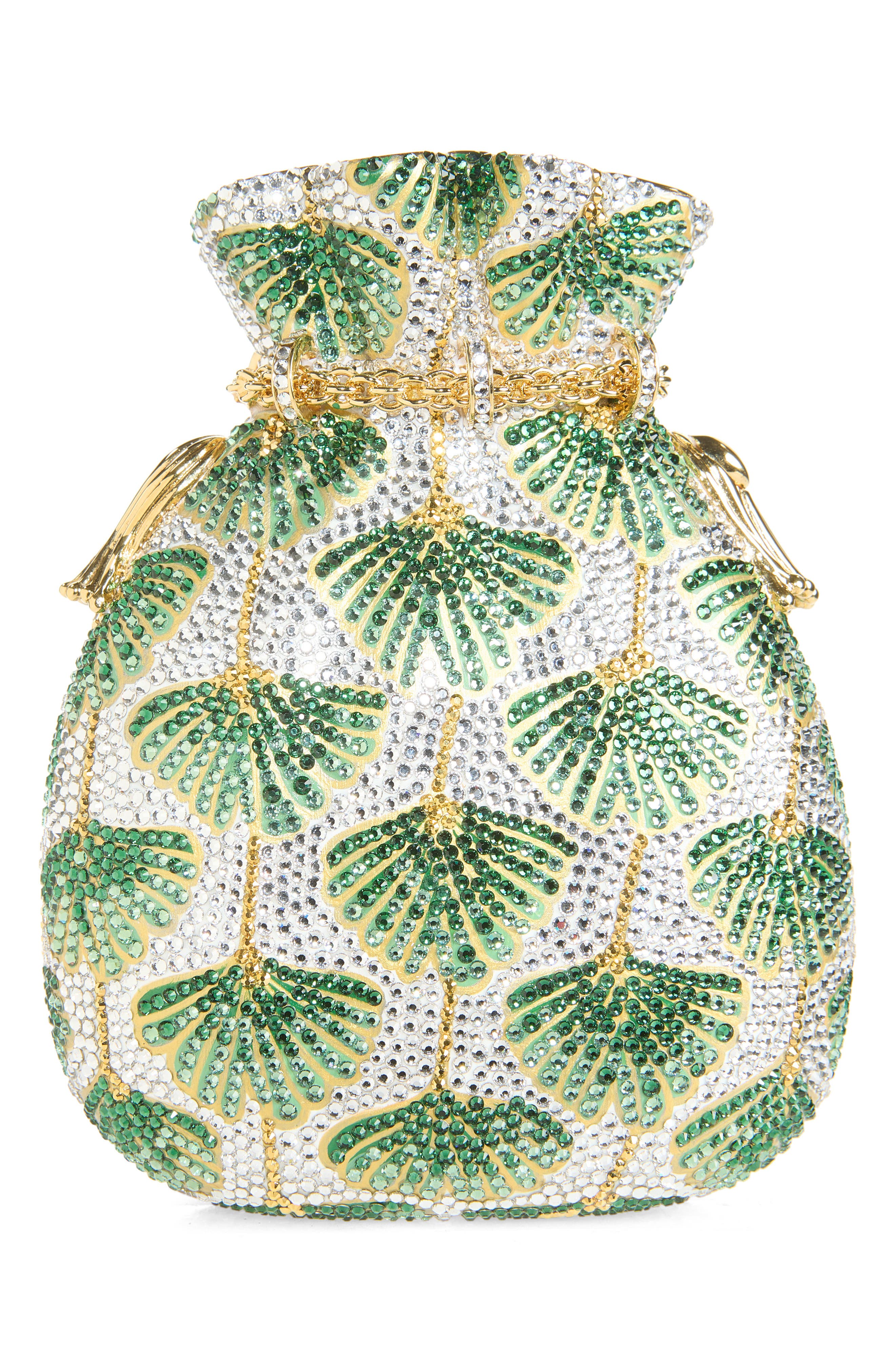 Ginkgo Crystal Embellished Pouch, Alternate, color, CHAMPAGNE LEAF GREEN MULTI