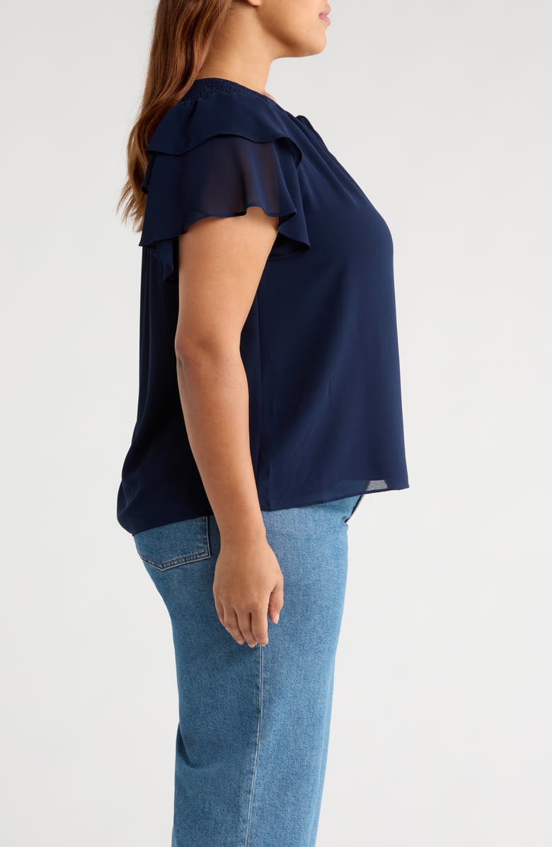CeCe Ruffle Sleeve Tie Neck Top, Alternate, color, Classic Navy