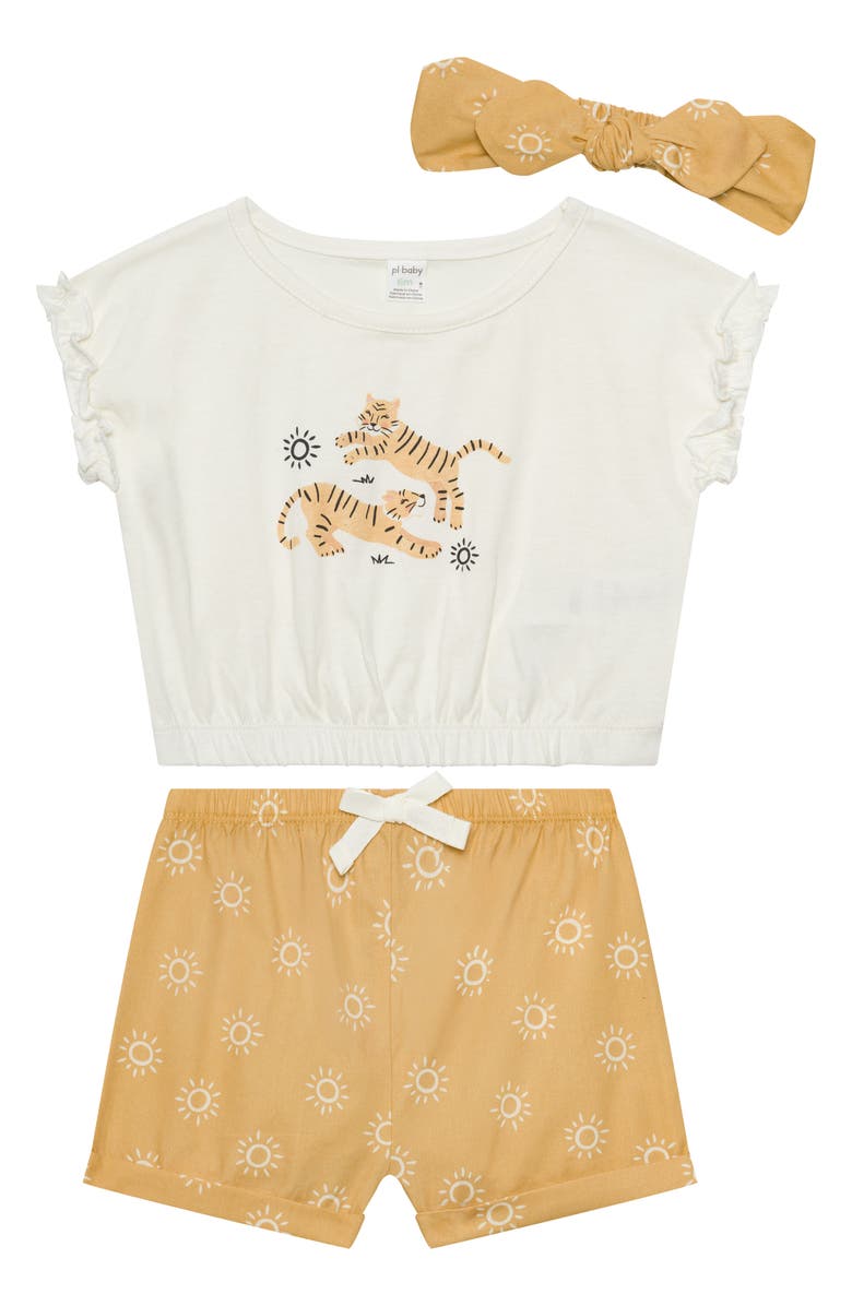 PL Baby by Petit Lem Floral T-Shirt, Shorts & Headband Set, Main, color, Tiger