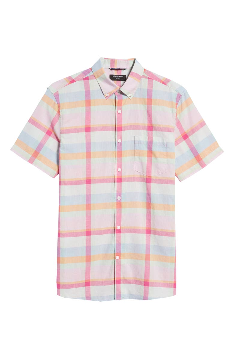 Nordstrom Matching Family Moments Plaid Trim Fit Short Sleeve Cotton & Linen Button-Down Shirt, Alternate, color, Blue- Pink Multi Madras