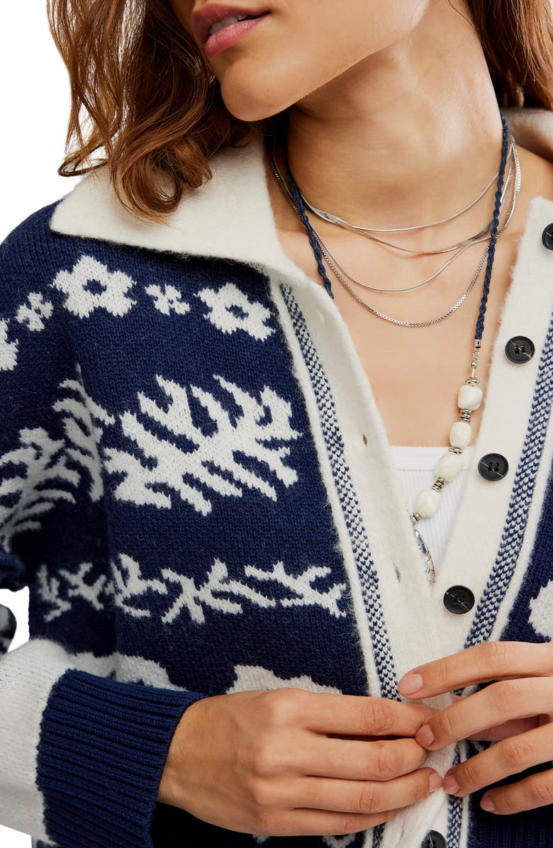 Free People Shelby Floral Jacquard Cardigan, Alternate, color, Navy