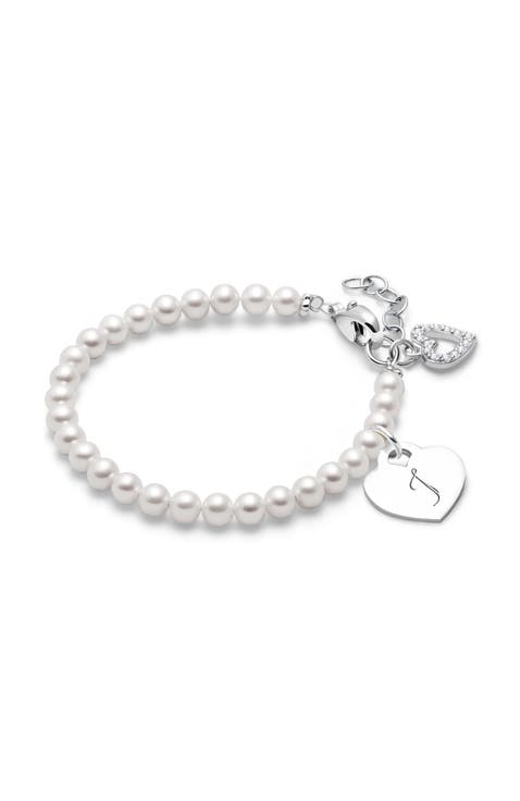 Sterling Silver 4mm Cultured Pearls & Engraved Initial 6.25" Bracelet
