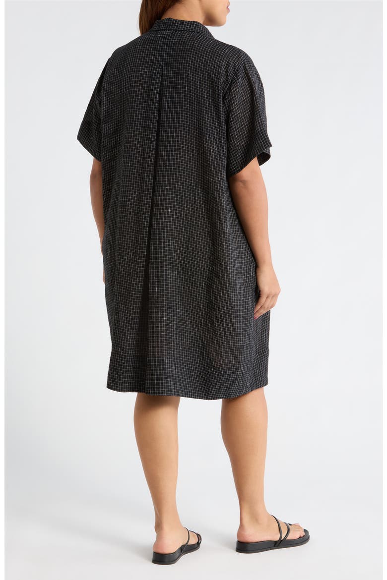 Windowpane Plaid Elbow Sleeve Organic Linen Shift Dress, Alternate, color, BLACK/ WHITE