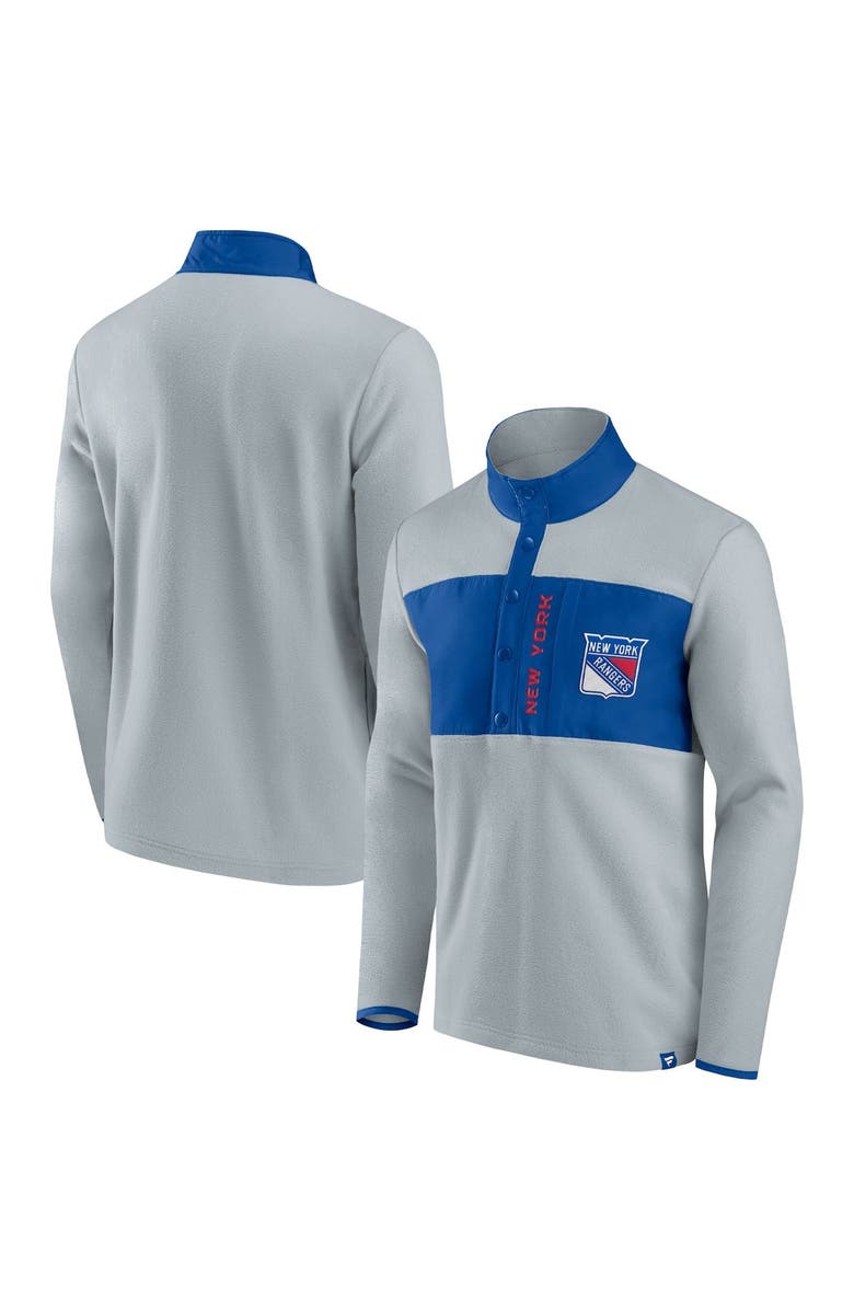 FANATICS Men's Fanatics Branded Gray/Blue New York Rangers Hockey Polar Fleece Quarter-Snap Jacket, Main, color, 
