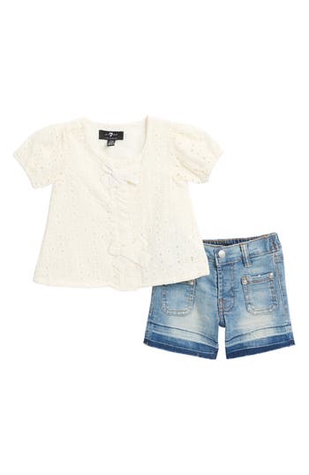 7 For All Mankind Cotton Eyelet Top & Denim Shorts Set In Marshmallow