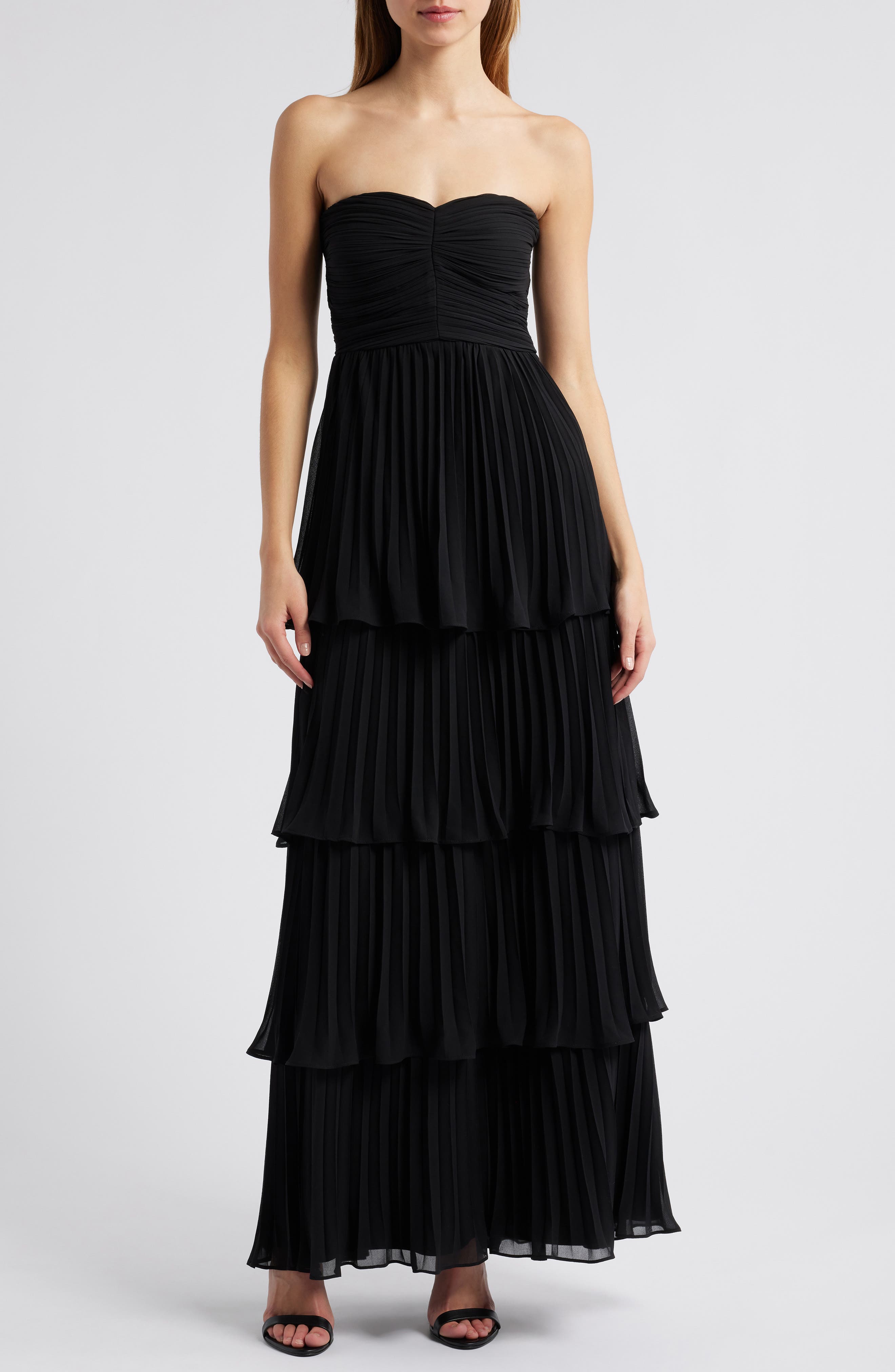 Strapless Pleated Tiered Gown