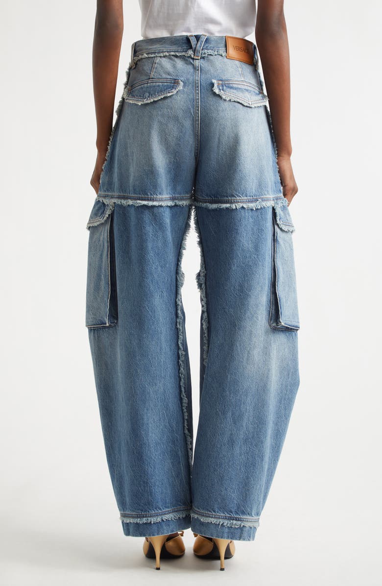 Versace Frayed Raw Cut Wide Leg Cargo Jeans, Alternate, color, Medium Blue