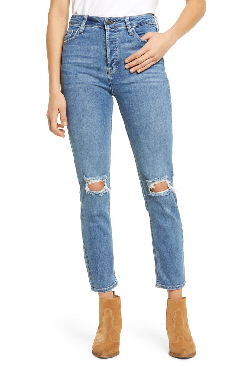 Ripped High Waist Ankle Straight Leg Jeans, Main, color, MEDIUM WASH